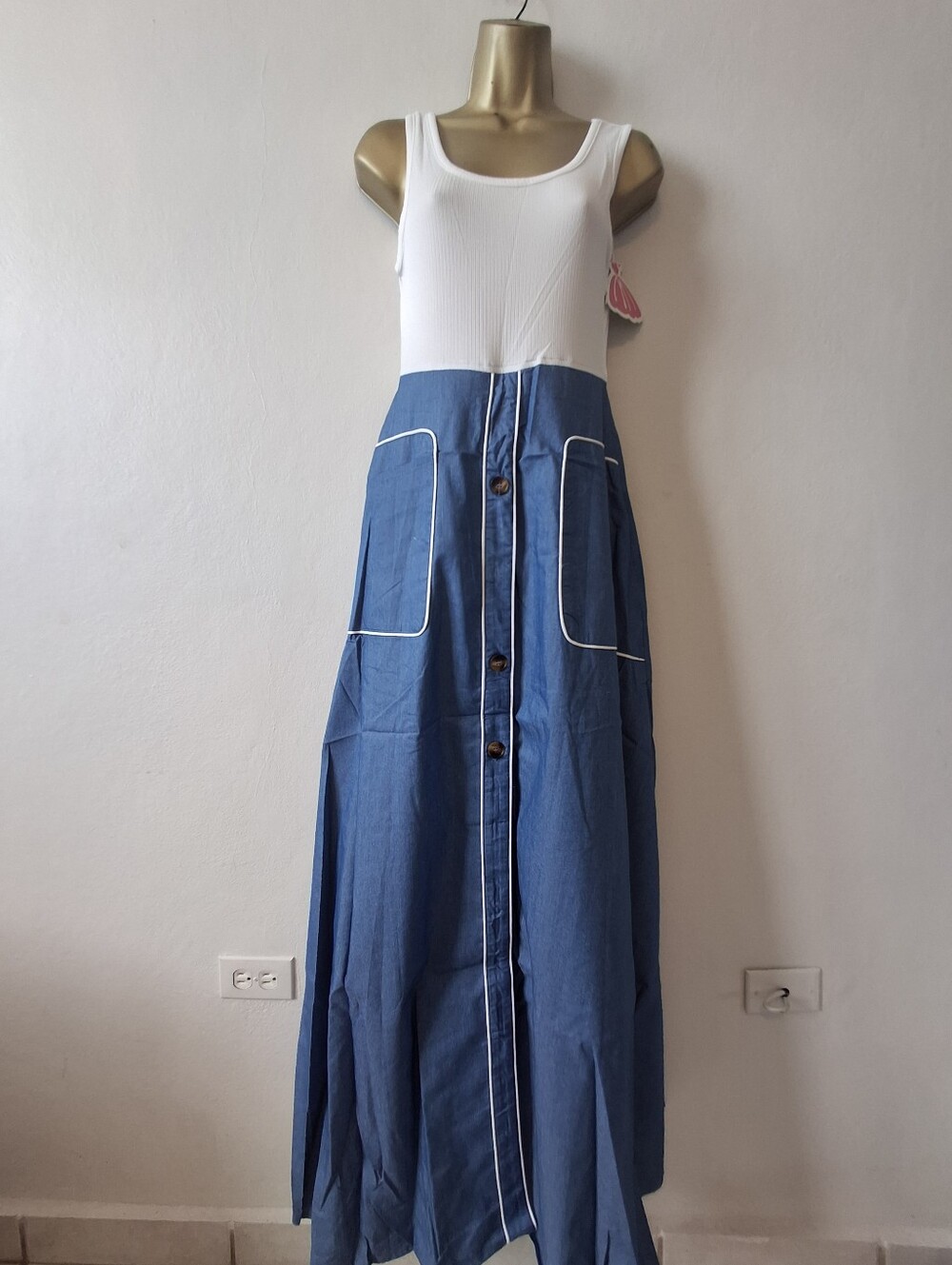 Blue Button-Front Maxi Skirt with Contrast Piping